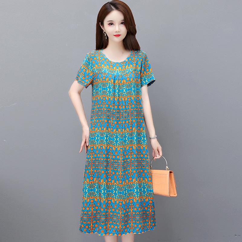 2023 Summer Floral Cotton & Rayon Dress - Stylish, Loose-Fitting, Short Sleeve for Middle-Aged & Elderly Women