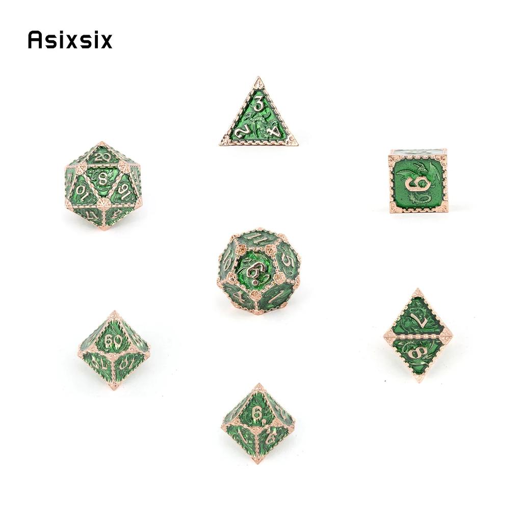 7 Pcs Green Golden Dragon Metal Dice Solid Metal Polyhedral Dice Set Suitable For Role-Playing Dice PropBoard Game Gift