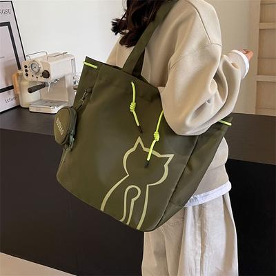 Sac fourre-tout chat dessin animé élégant Grande capacité Tissu Oxford Cordon de serrage Sac à bandoulière polyvalent pour les déplacements quotidiens Sac à main décontracté