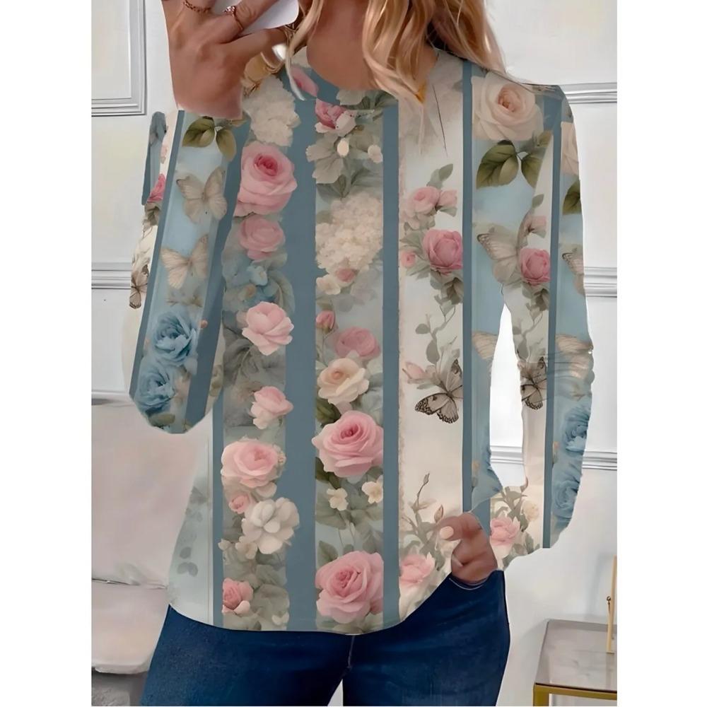 Spring and Autumn Round Neck Vintage Flower Graphic 3D Printed Top Fashionable Casual Long Sleeved Women's T-shirts