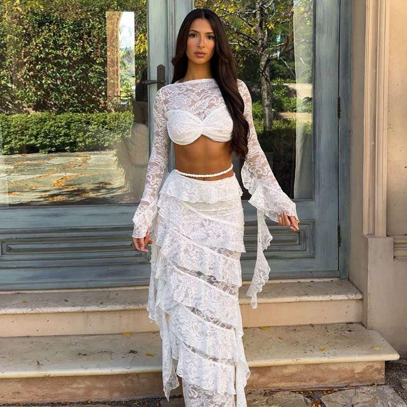 

# Sisjuly# Fashion Court Sexy Lace Strap Perspective Long Sleeves T-shirt Ruffled Long Dress Suit Women White S