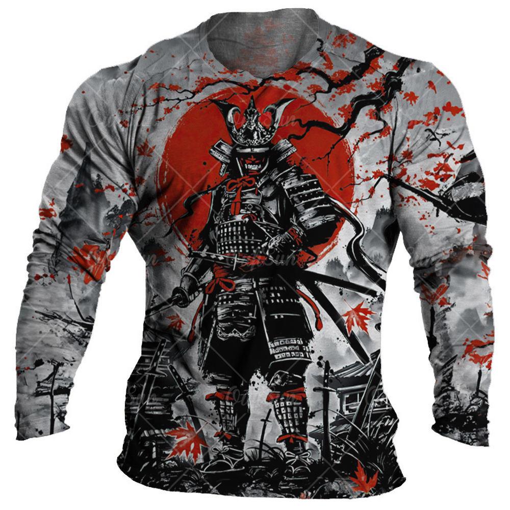 Japanisches Samurai-T-Shirt aus Baumwolle mit 3D-Aufdruck im japanischen Stil, langärmelige Oberteile, lässiges Herren-T-Shirt, übergroße Vintage-Herrenbekleidung