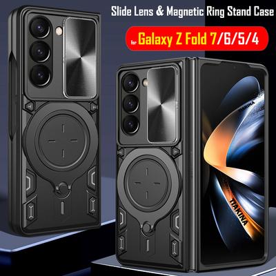 Kaydırmalı Lens Kılıfı Samsung Galaxy Z Fold 7 için Samsung Z Fold 7 6 5 4 Kılıf için Zırhlı Kılıf Döner Manyetik Halka Stand Tutucu Kapak