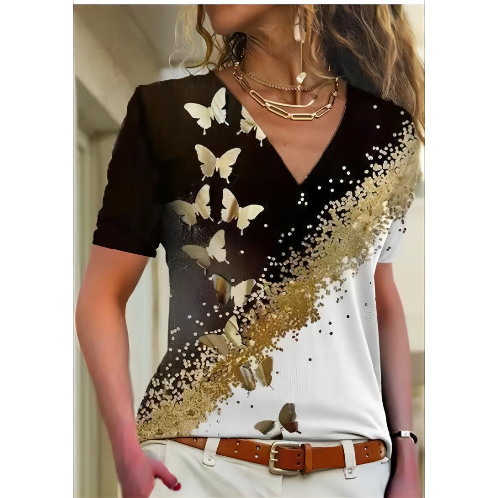 Women's 3D T-shirt Summer V-neck Short Sleeve Butterfly Print Cute Girl's Top Fashion T-shirt Women's Clothing