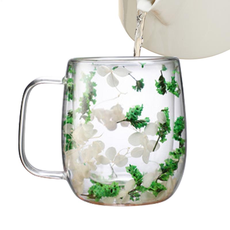 Coffee Mug Double Wall Dried Flower Cup for Coffee Glass Beverage Glasses Tea Mug for Tea Cappuccino Cold Drink Flower Glass