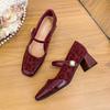 Square head red high heels thick heel 2025 new large size women's shoes medium heel retro leopard print French Mary Jane single shoes
