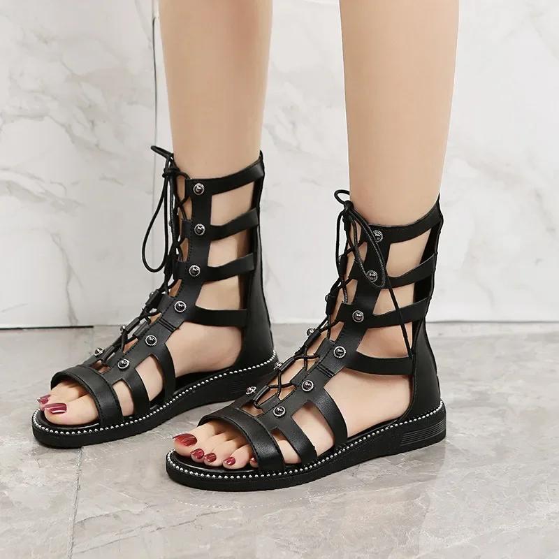 Fashion New Hollow Casual Sandalias De Mujer Open Toe Cross Strap Ladies Shoes Wedges Summer Roman Black Sandales Boots Large Size 35-43