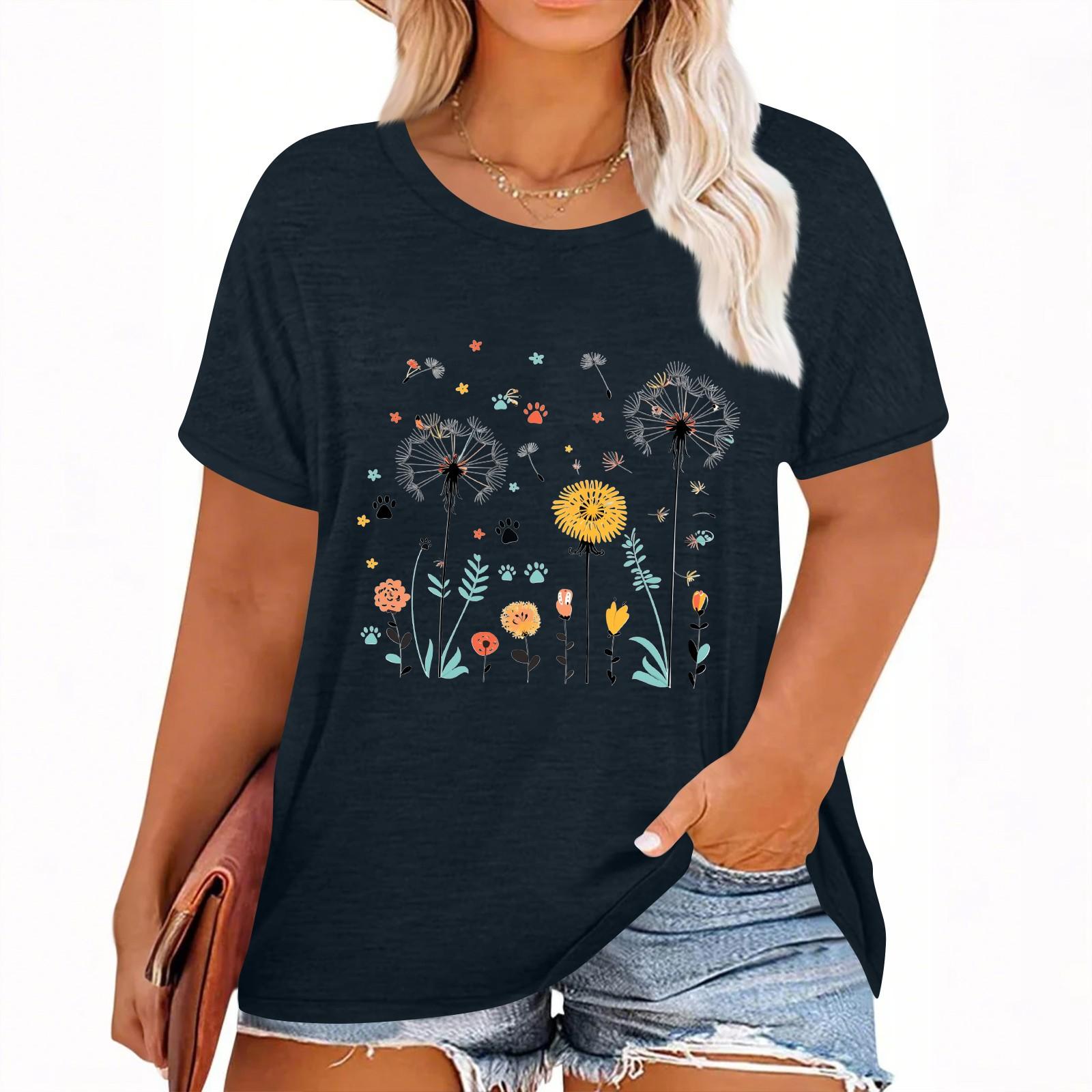 Women s Hawaiian Floral Print Short Sleeve T-Shirt Top XXXL тёмно-синий