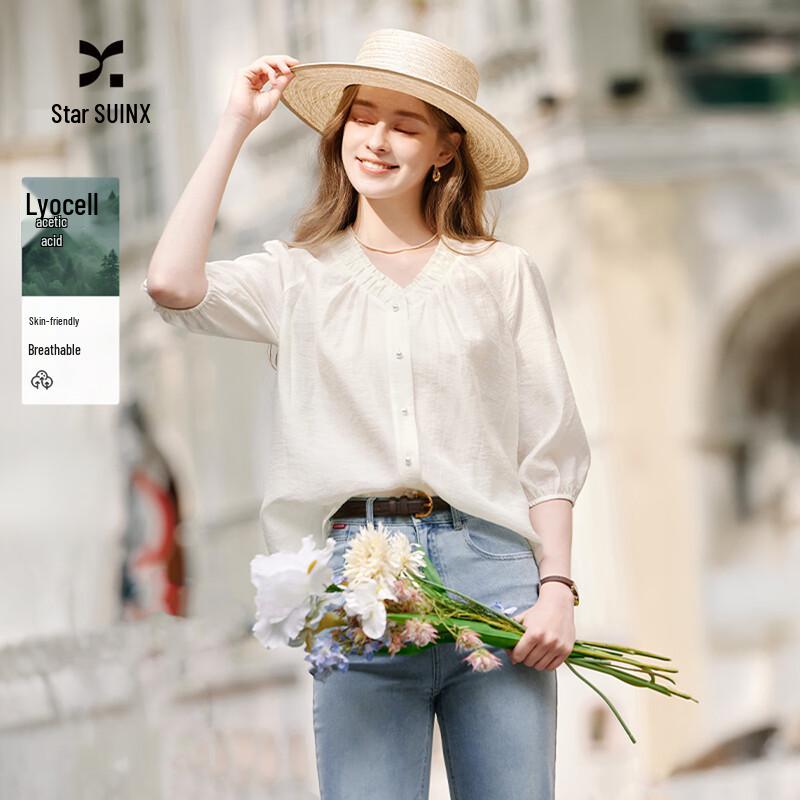 Women s Loose V-Neck Puff Sleeve Linen Blend Shirt M