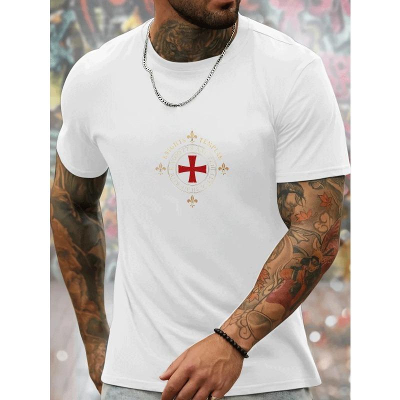 European sizes Men'S T-Shirt Featuring a Knights Templar Theme with a Cross Logo Print, Stylish Round Neck Pullover,New Street Culture Design
