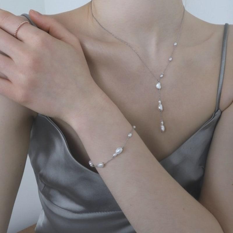 ozel Silver925 Dew Drop Natural Water Pearl Station Y Drop Necklace PS155N