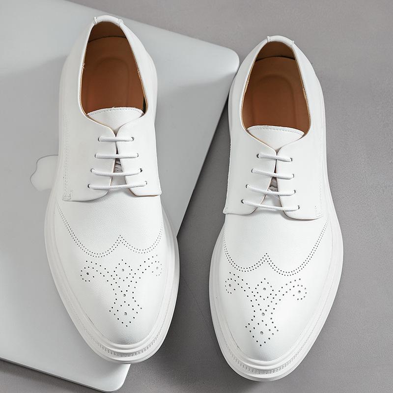 Large Size 46 Men's Heightening Brock White Leather Shoes Korean Version Dance New Casual Fashion Lace-up Men's Shoes