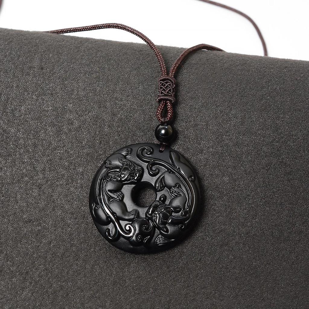 Obsidian Dragon Double Pixiu Peace Pendant Necklace for Men and Women