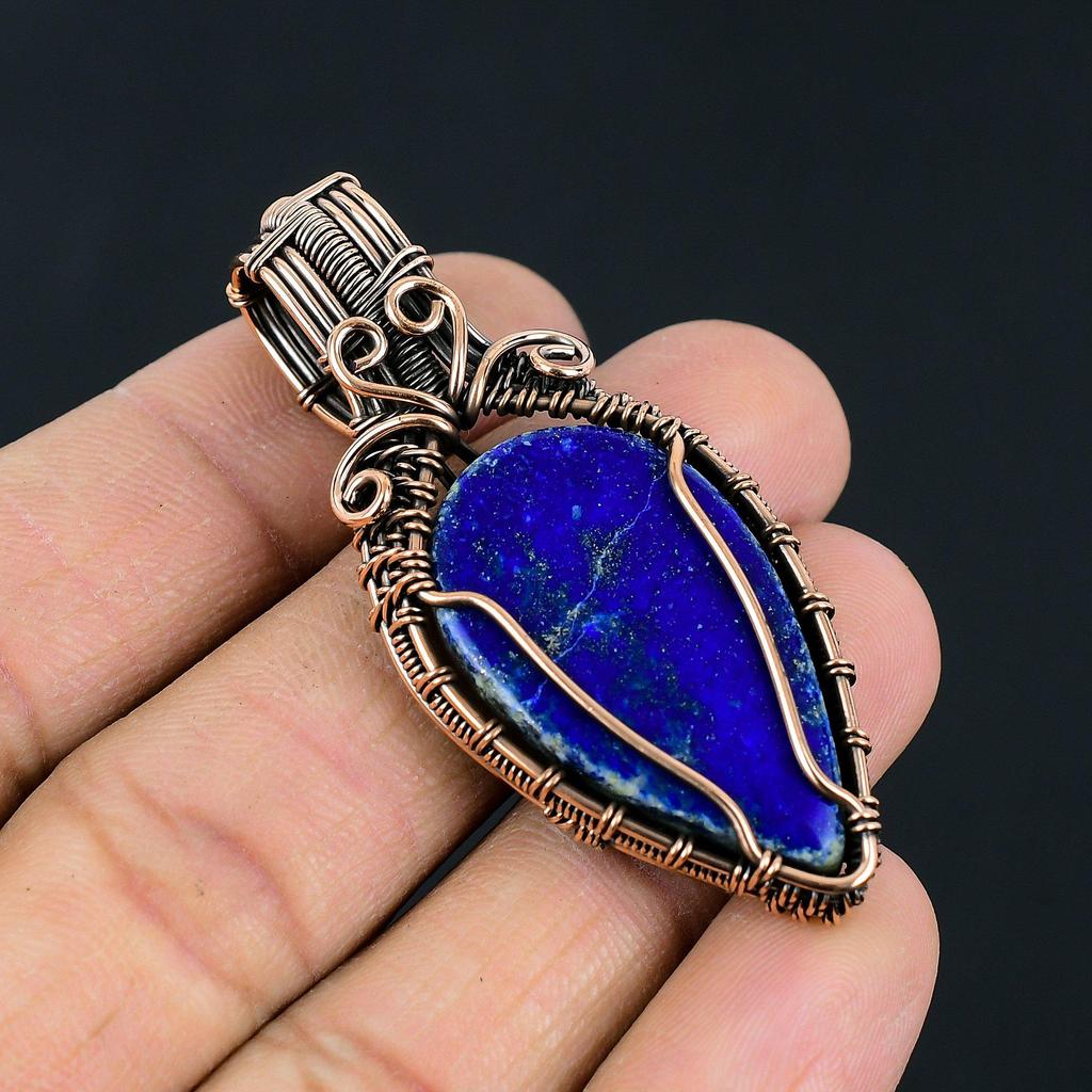 Vintage Style Lapis Lazuli Copper Wrapped Pendant  Artisan Handmade Blue Stone Jewelry For Gift