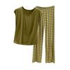 Ladies' Casual And Comfortable Round Neck Solid Color Top With Checkered Printed Pants Plus Size Set