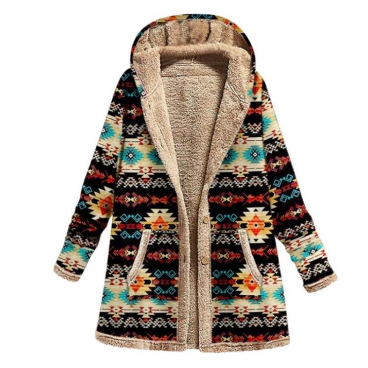 Hooded Jacket Women Plus Size Loose Long Coat Warm Fleece Retro Printed Outwear Pockets