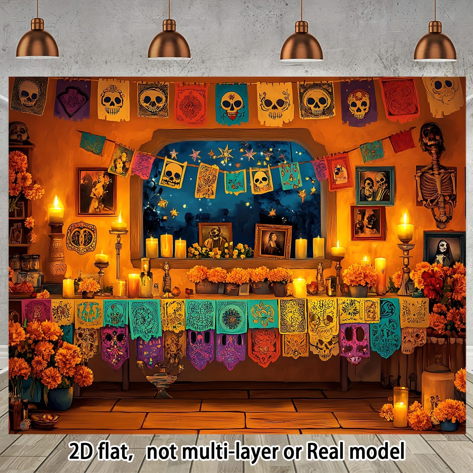 2D flat banner 1PC Surreal folk art Death Party Day banner - Vibrant Dia de los Muertos polyester banner, skulls and flowers 100x150cm