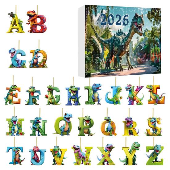 Creative Christmas Stocking Stuffers 26 Letters Cartoon Dinosaur Advent Calendar, 2D Acrylic Dino Figures Countdown Calendar with Pendants Ornaments,