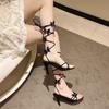 Women's High Heels Thin Heels Bow Tie Leg Lace High Heels Round Bare Toes Pink Sexy Summer New Fashion Dress Zapatillas De Mujer