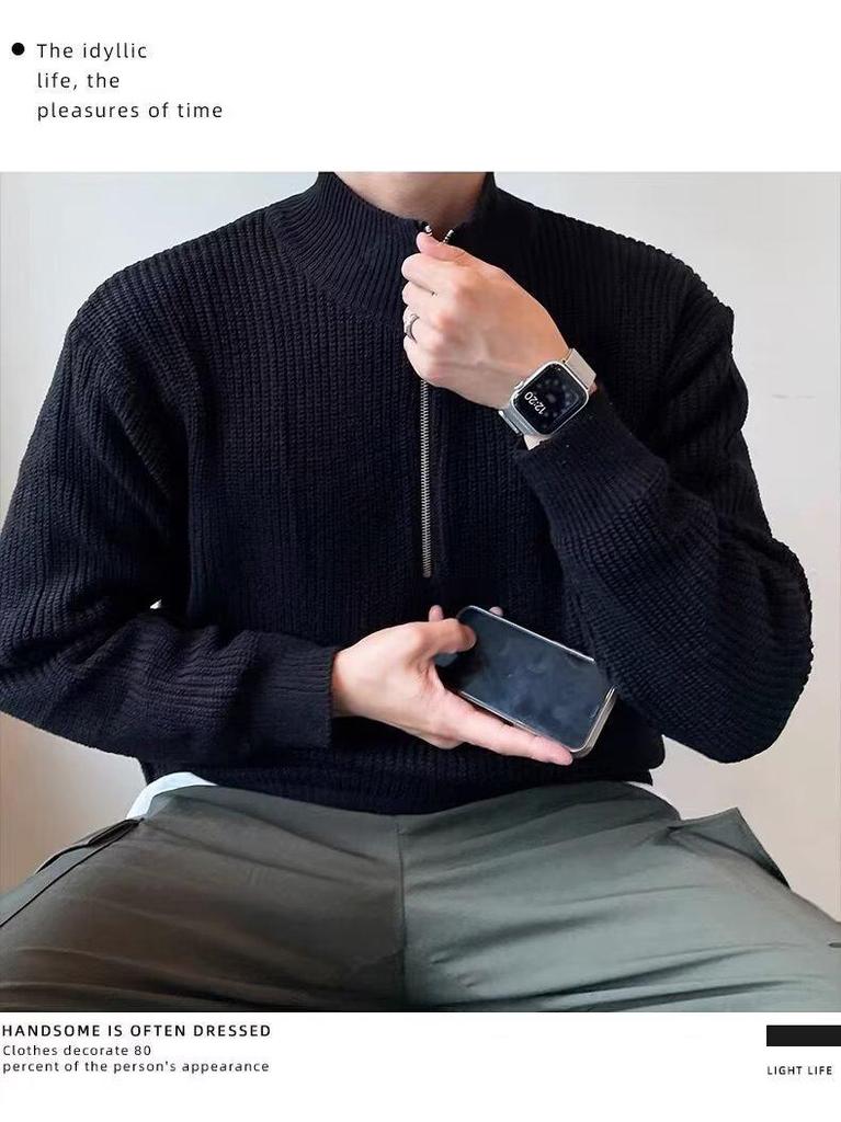 Men's Korean Style Autumn Knitwear: Trendy Half-Zip High Neck Pullover