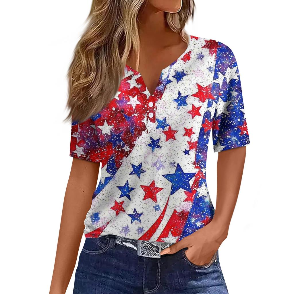 T-skjorte for kvinner med kortermet knapp med kortermet t-skjorte daglig helgmote Basic V-hals vanlig topp