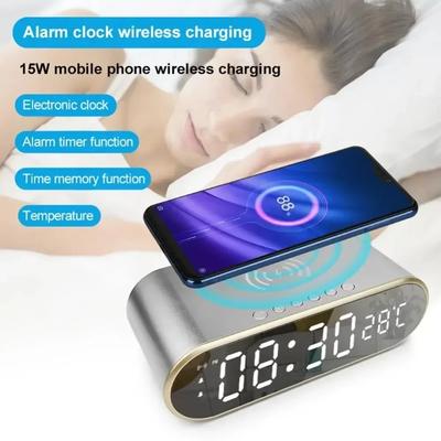 Desktop Clock Ornament 2 Alarm Clocks Time/Calendar/Temperature Display With Wireless Charger For iPhone Samsung Fast Charging