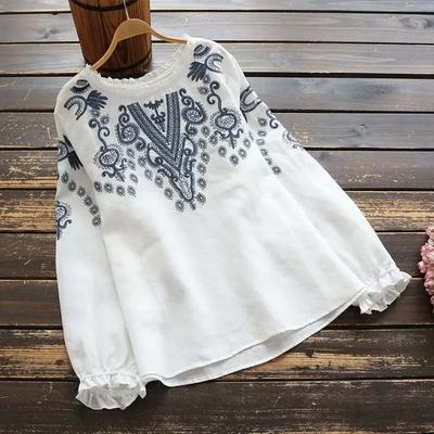 Spring Long Sleeve Ruffles Tops Women Vintage Embroidery Blouse Casual O Neck Cotton Linen Blusas Femininas Shirt Mujer