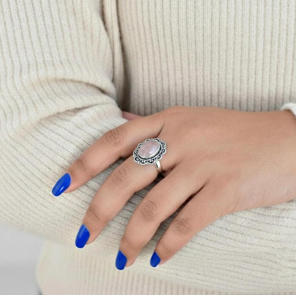 Rose Quartz Ring Set In 925 Sterling Silver – Handmade Oval Pink Stone Ring, Bohemian Jewelry for Women