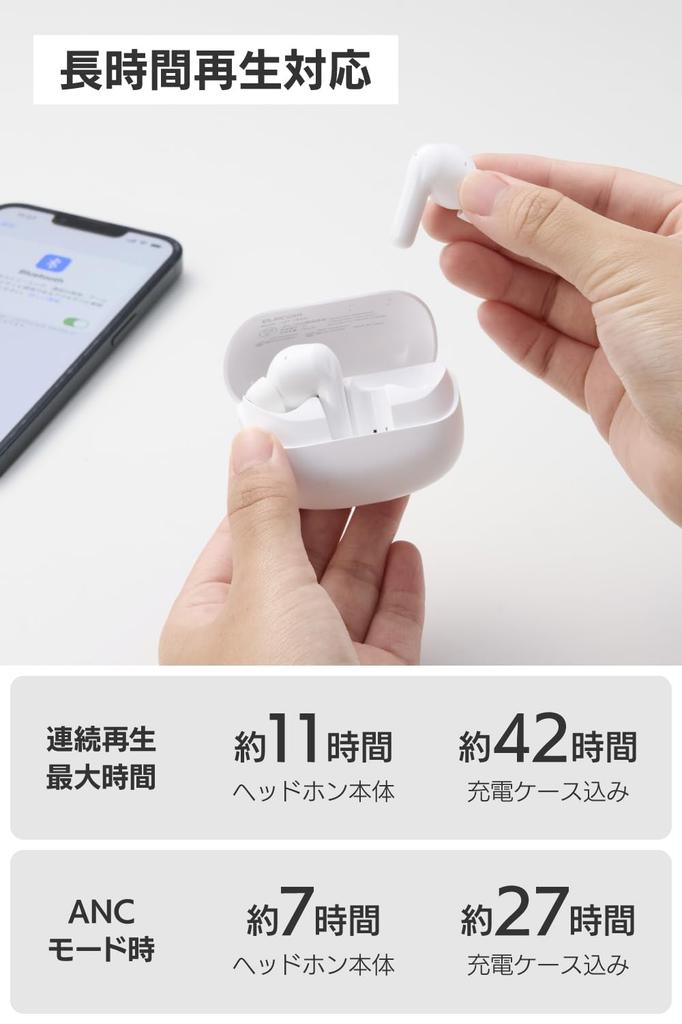 Elecom Wireless Earphones Bluetooth 5.4 [Noise Cancelling Mode/Digital Earplug Mode/Low Latency Mode/Ambient Sound Mode] ANC Calling Up To 42 Hours Pl