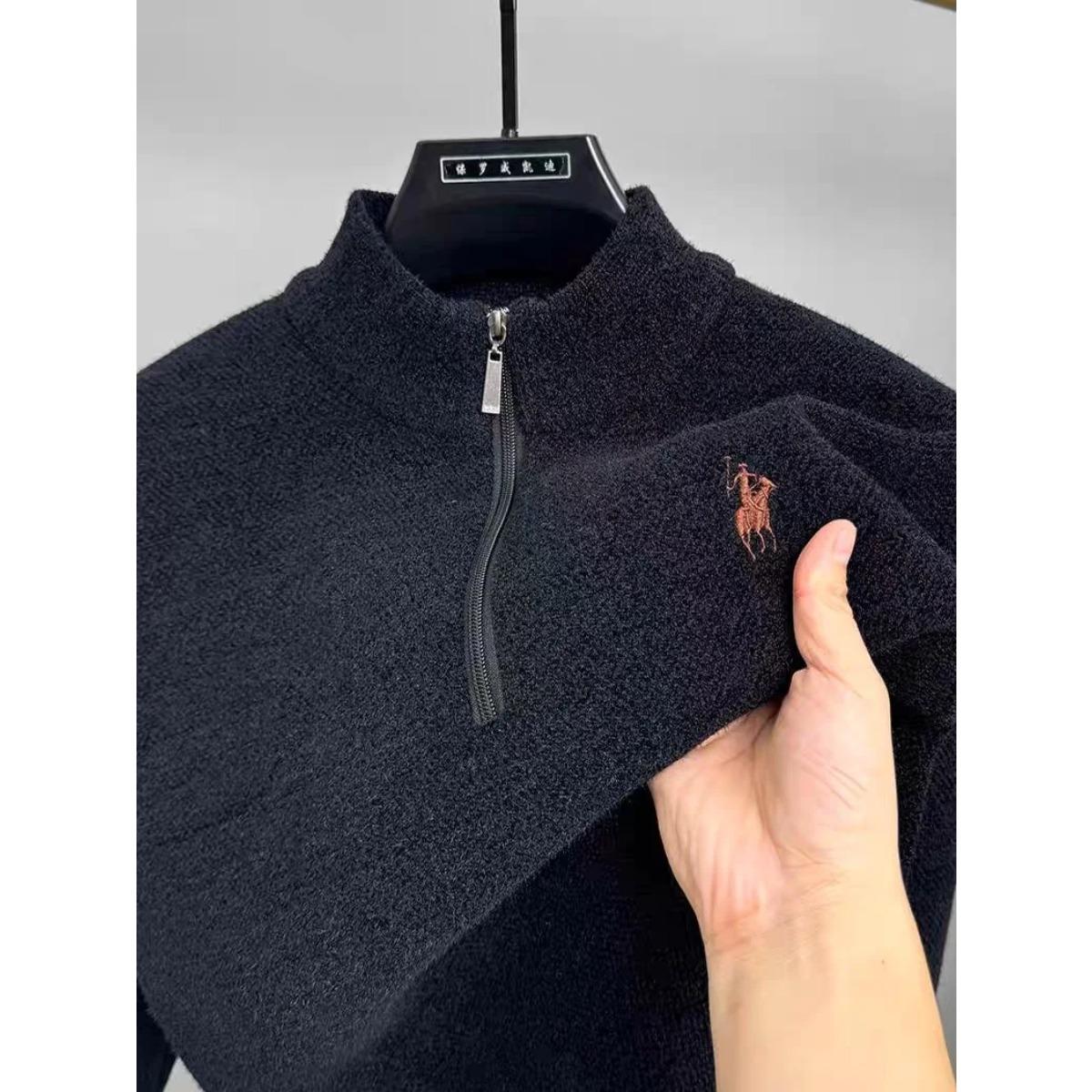 

RogueWave Luxury Half Zipper Neck Sweater Men s Fashion Embroidery Casual Top Winter Plush Thick Warm Knitted Pullover M чорний