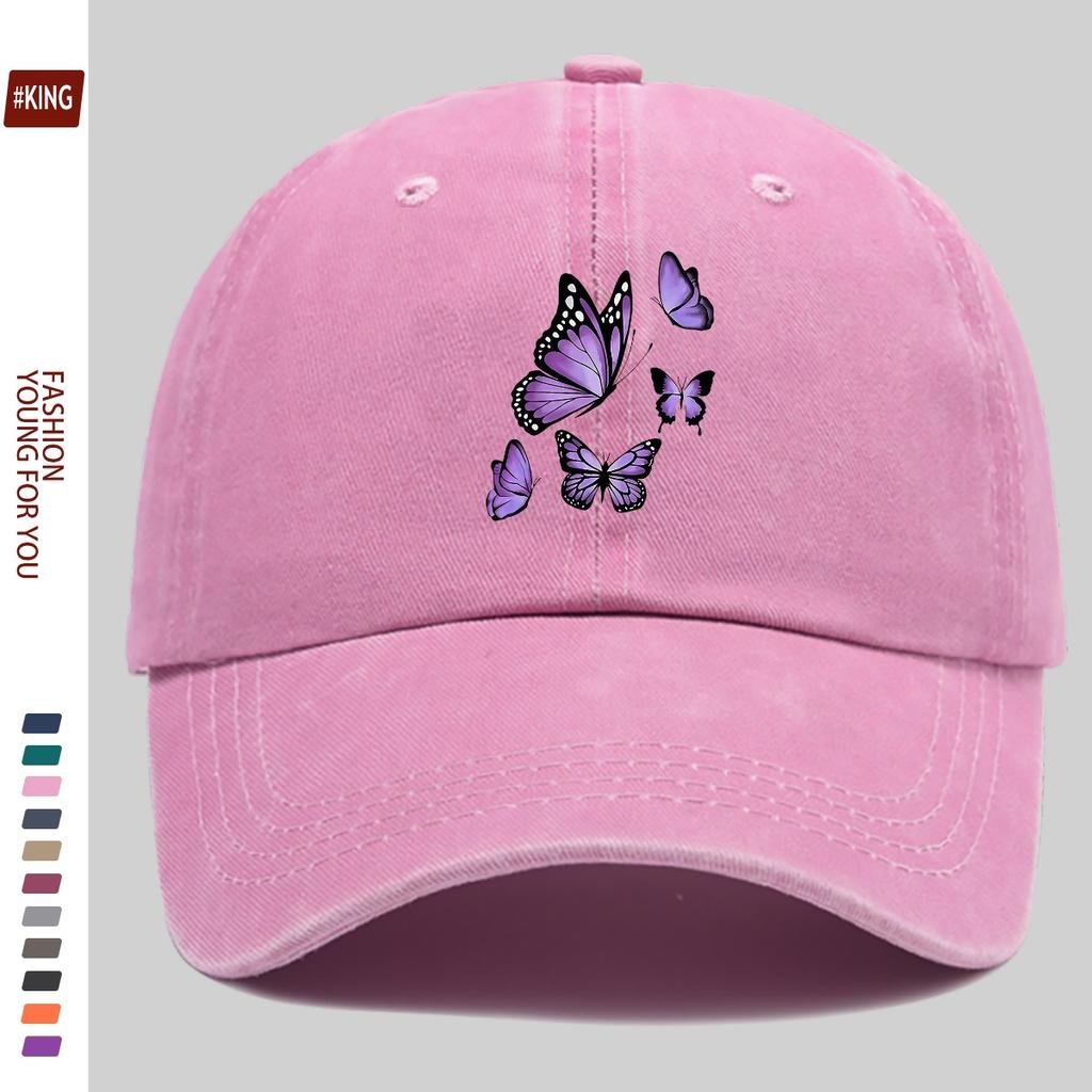 New Simple Versatile Butterfly Print Washed Vintage Soft Top Sunshade Baseball Cap Unisex Baseball Cap