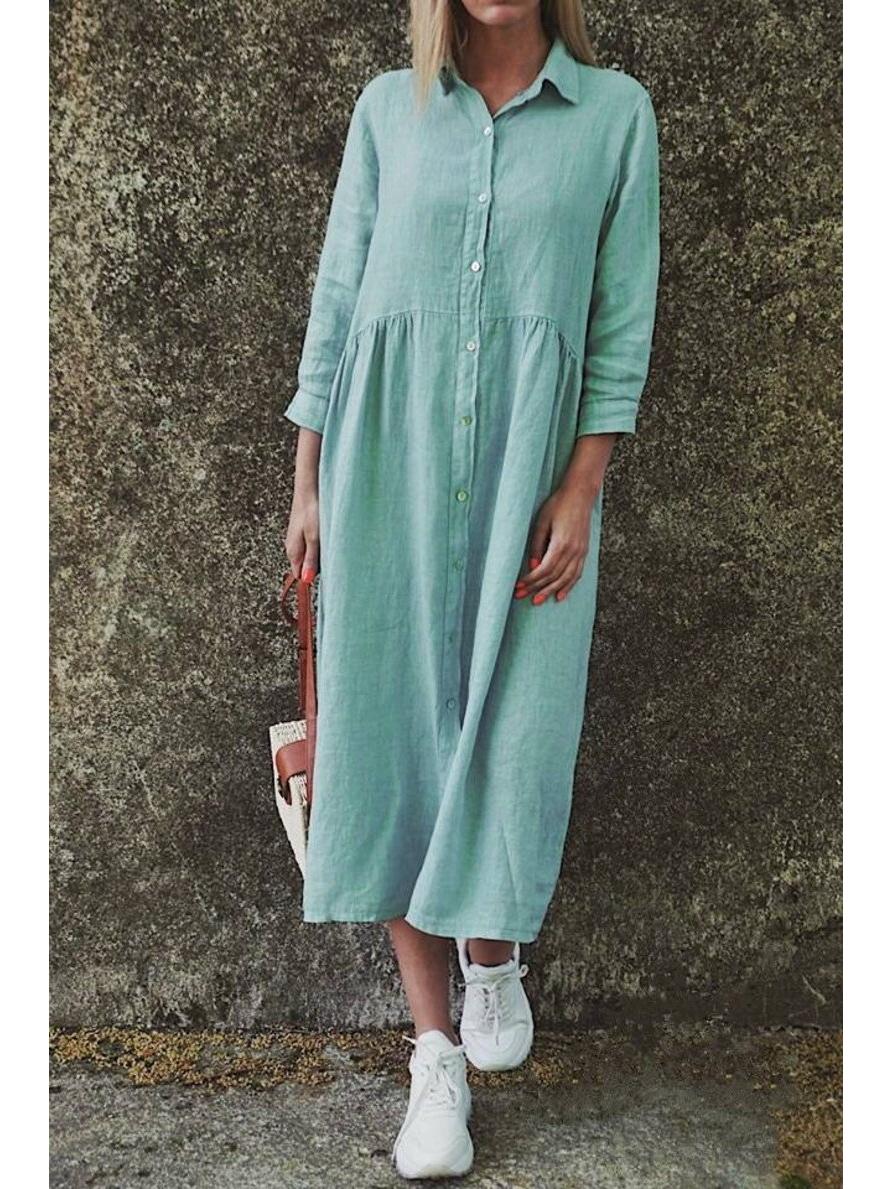 

2023 Хлопково-льняное однотонное платье с длинным рукавом и воротником-рубашкой M зелёный