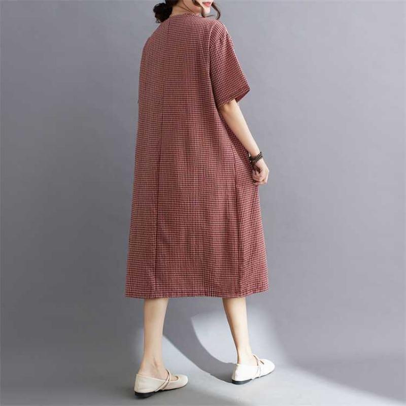 Summer Retro Cotton Linen Lace Cotton Linen Plaid Dress