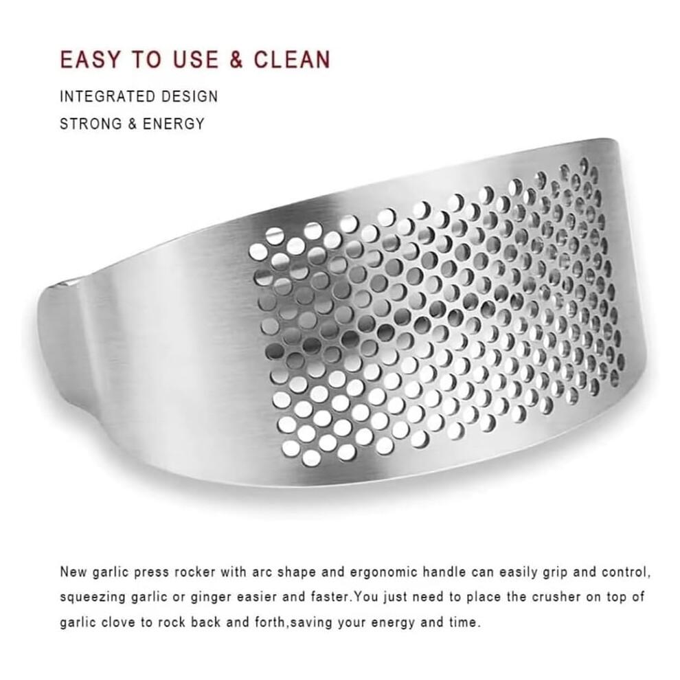 Garlic Press Stainless Steel Rocker Mincer with Silicone Peeler and Cradle Garlic Cutter Kitchen Tool for Easy Crushing