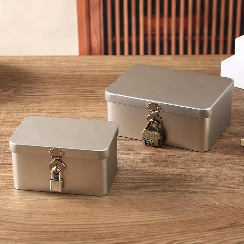 1 Stück Multifunktionale Schreibtisch-Aufbewahrungsbox Metallbox Schmuckaufbewahrung Leere Box Silber Abschließbare Blech-Aufbewahrungsbox