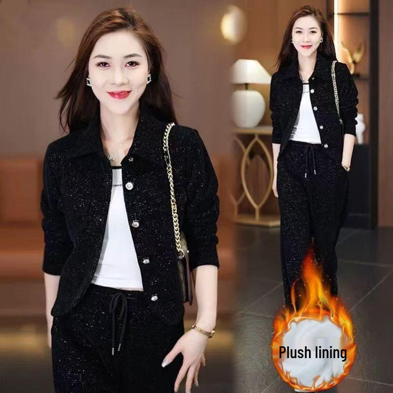 Trendy Fleece-Lined Slim Fit Women's Two-Piece Set: Autumn/Winter 2025 Jacket & Pants