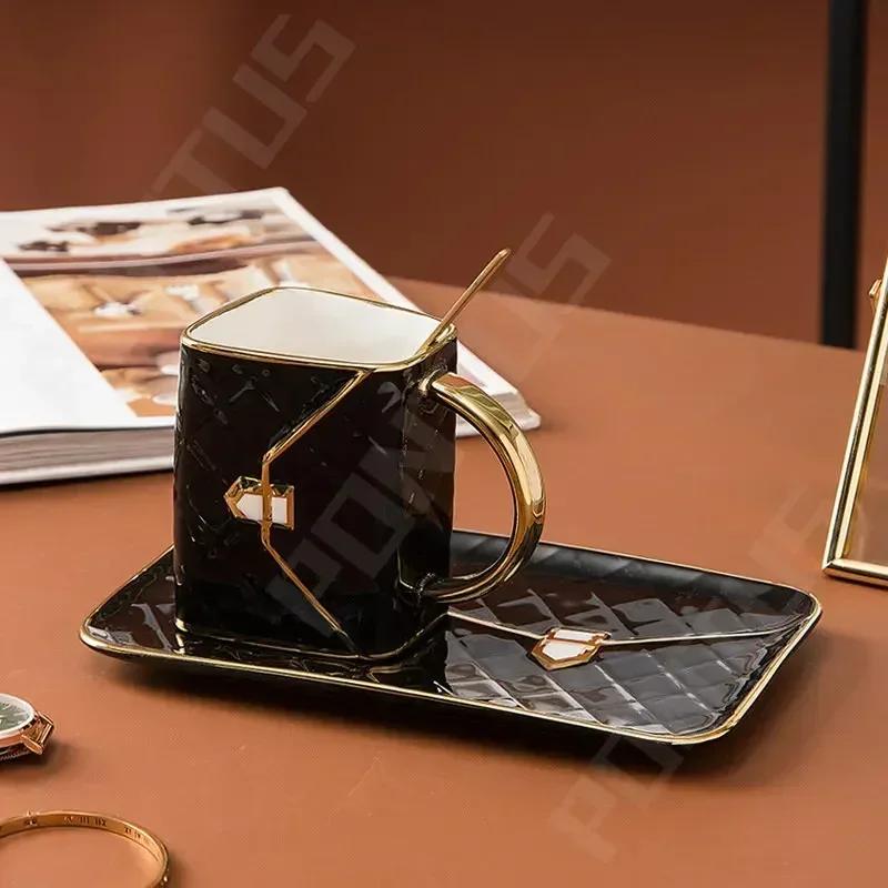 Handbag Style Coffee Mug Ceramic Cups with Dessert Plate Spoon Milk Tea Juice Water Mugs Desktop Drinkware Decor Birthday Gifts