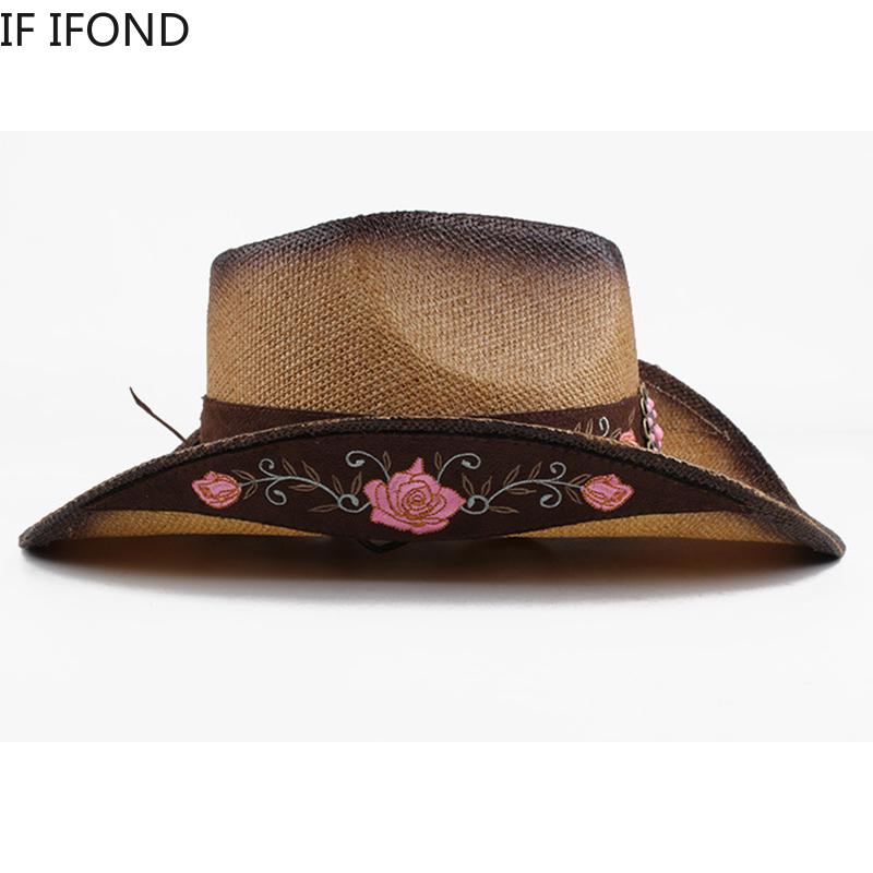 Mode Stickerei Stroh Western Cowboy Hut Für Männer Frauen Sommer Strand Jazz Sonnenhut Cowgirl Sombrero Hombre Kappe