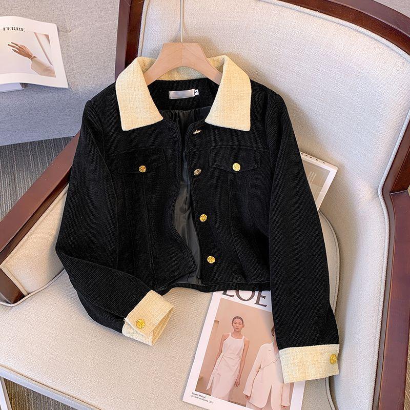 

French Retro Color Block Corduroy Lapel Jacket - Autumn/Winter Style L (110-120 jin)