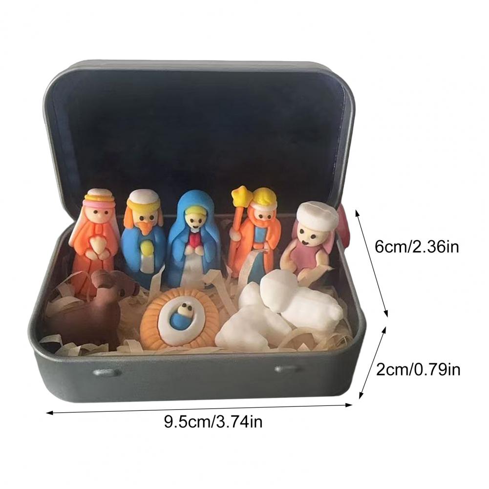 Mini Nativity Scene Figurine In Tin Box Pocket Birth Of Jesus Ornament Christmas Sheep Statue Home Desk Shelf Office Decor