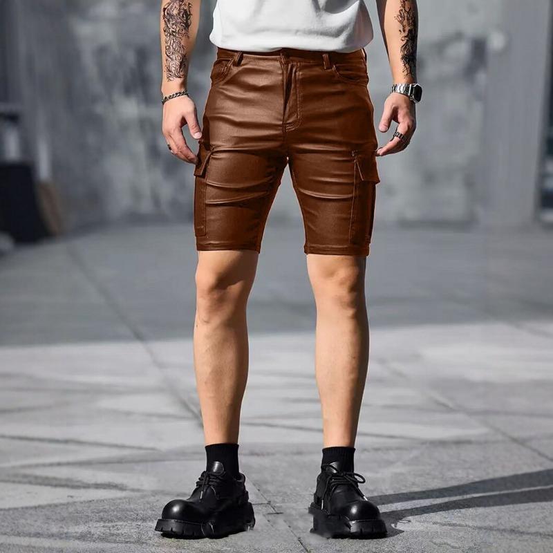 Men Faux Leather Cargo Shorts With Side Pockets