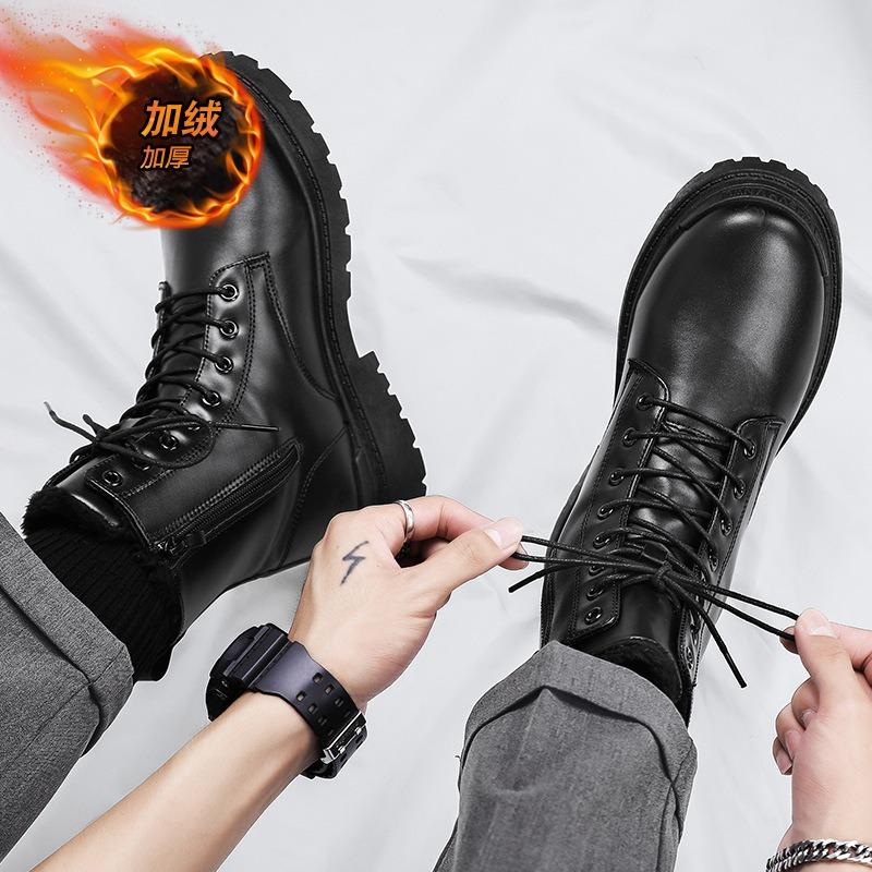 Autumn Martin Boots Black High-top Trendy Shoes Locomotive Tooling Leather Boots Winter Heightening Mid-top Leather Shoes Cotton Shoes
