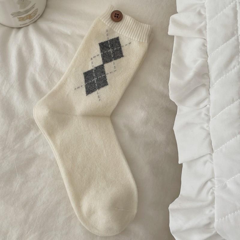 Diamond-shaped Wool Socks, Mid-calf Socks, Autumn and Winter Women's Casual Thickened Warm Women's Socks, Pile Socks