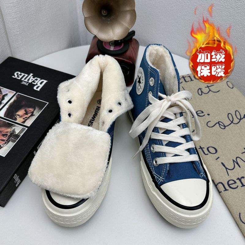 Winter New Blue Velvet High-top Canvas Shoes Warm Women's Shoes 1970s Classic Versatile Student Casual Board Shoes