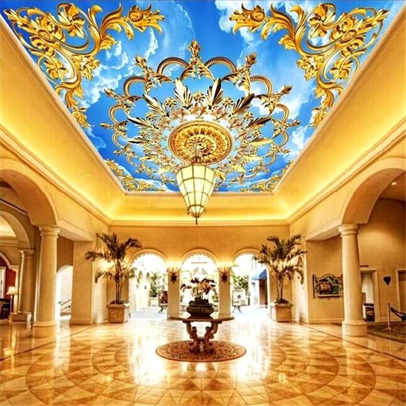 Wallpaper 3d European Church Gold Blue Sky White Cloud Ceiling Wallpaper Cloth Gold Ceiling Wallpaper 200 cm(W) x 140 cm(H)