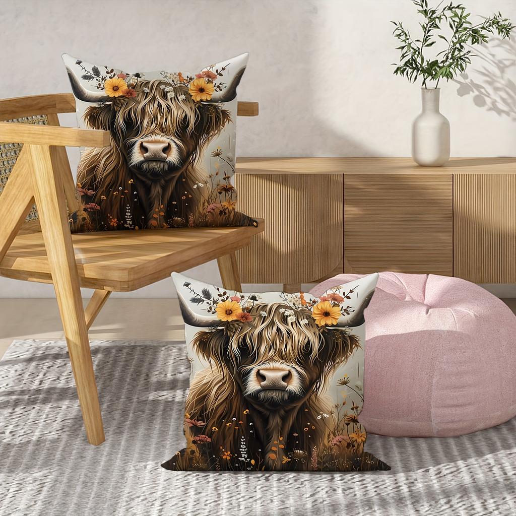 2pcs 2D Flat Highland Cow Pillowcase, Plant Print, Nordic Style Cushion Cover, Living Room, Bedroom Sofa Decoration