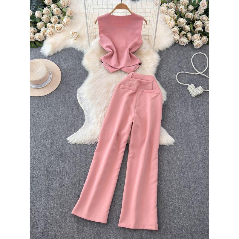 Suit Vest Suit Women's 2024 New Arrival Summer Single-Breasted Short Vest Tops Straight-leg Loose Pants Two-piece Set