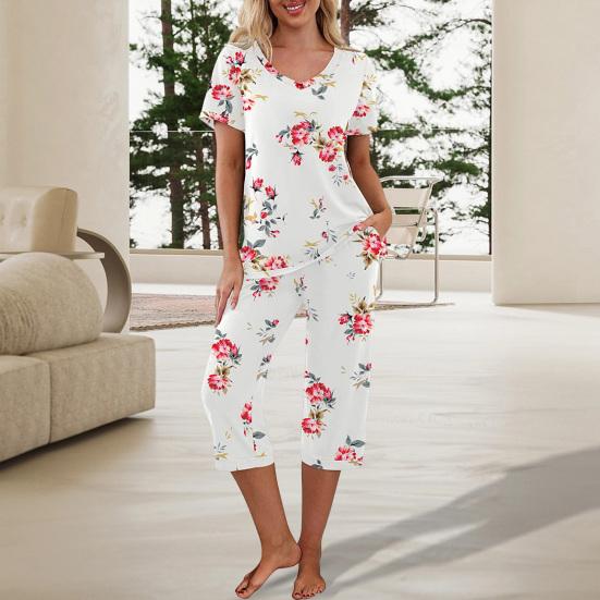 Women's Two Piece Pajamas Set V Neck Short Sleeve Top And Wide