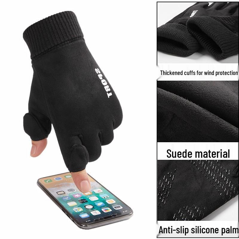 Men's Windproof Fleece-Lined Touchscreen Fingerless Gloves for Winter Cycling and Driving