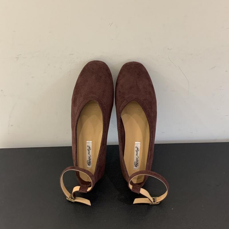 Retro Suede Round Head Shallow Mouth Ladyshoes Single Shoes Women's 2025 Spring and Autumn New Soft-soled Ankle Buckle with Mary Jane Boat Shoes